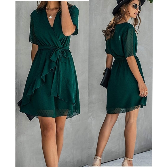 HP💋 forest green ruffle chiffon V-Neck Wrap dress - Picture 2 of 4